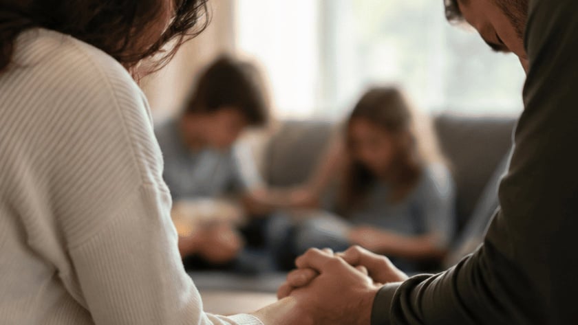 Mulher e homem de cabeça baixa de mãos dadas numa sala, com duas pessoas ao fundo.