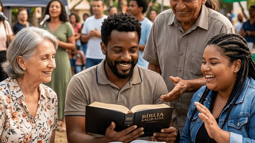 Quatro pessoas sorriem em torno de uma Bíblia aberta, em praça com bandeirinhas: "Bíblia Sagrada".