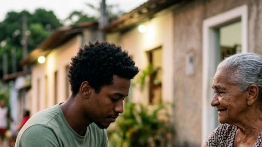 Homem agachado numa rua de casas baixas coloca um curativo no braço de uma idosa.