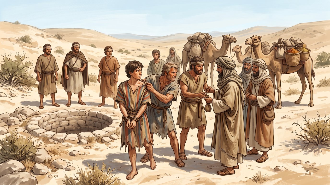 Jovem de mãos atadas é entregue a mercadores com camelos, perto de um poço no deserto.