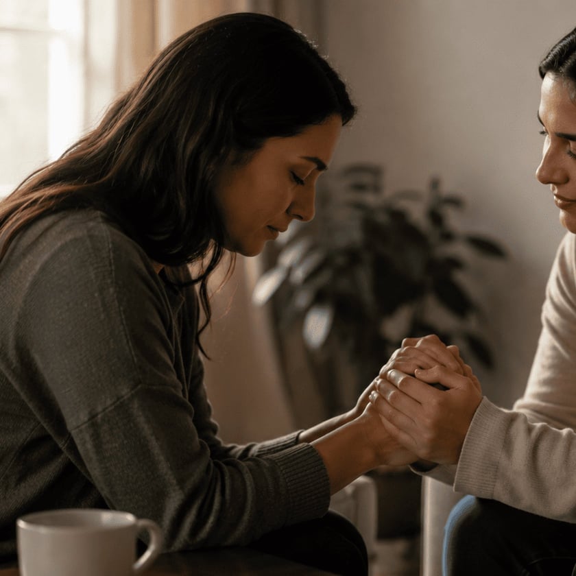 Duas mulheres sentadas de mãos dadas em uma sala, uma delas de cabeça baixa e olhos fechados.