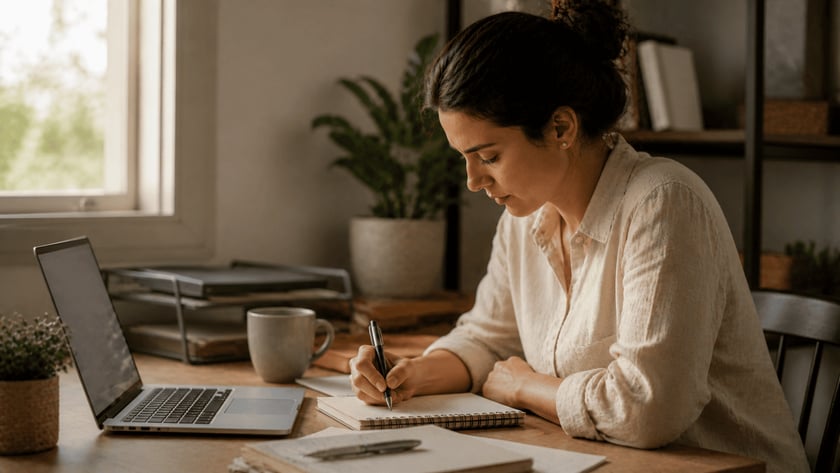 Mulher de cabelo preso escreve em um caderno numa mesa com laptop e caneca.