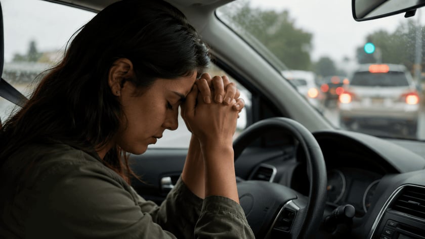 Mulher ao volante de um carro com a testa apoiada nas mãos entrelaçadas, em trânsito parado.
