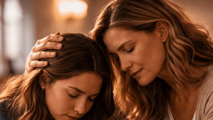 Duas mulheres em um banco de igreja, uma de mãos postas e a outra tocando sua cabeça.