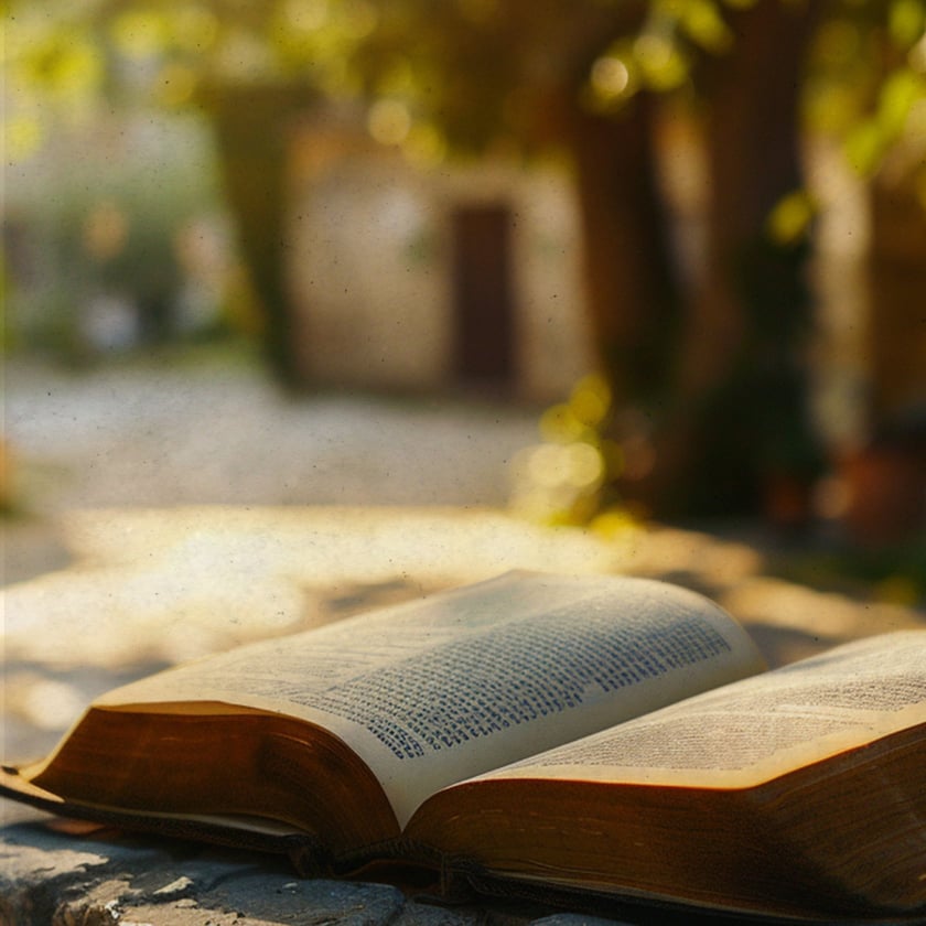 Livro grosso aberto sobre uma superfície de pedra, ao ar livre, sob árvores.