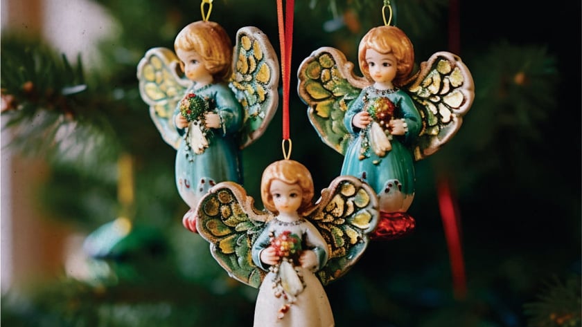Três enfeites de anjinhos de porcelana com asas coloridas pendurados em uma árvore de Natal.