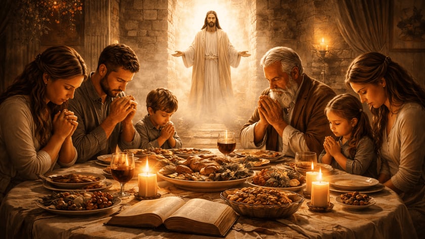 Família de mãos postas reza à mesa farta, enquanto figura de túnica branca abre os braços.