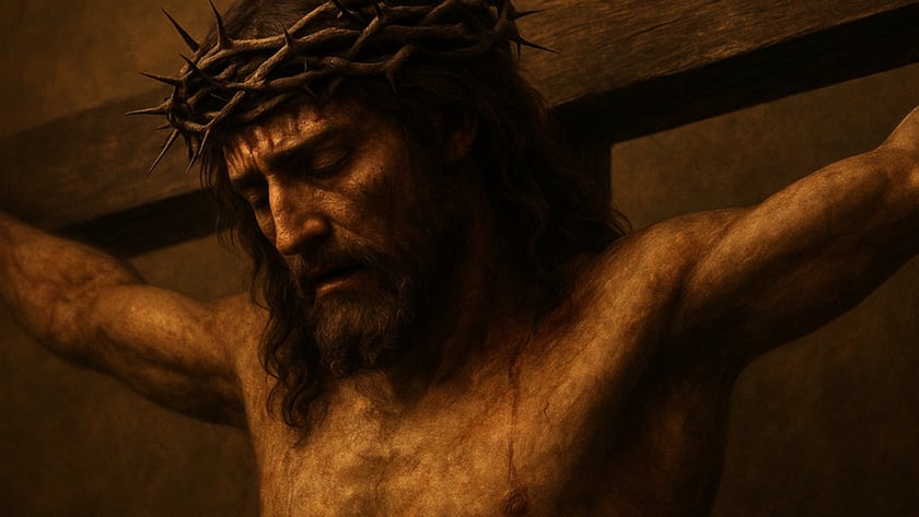 Homem barbado com coroa de espinhos, de olhos fechados, pregado em uma cruz de madeira.