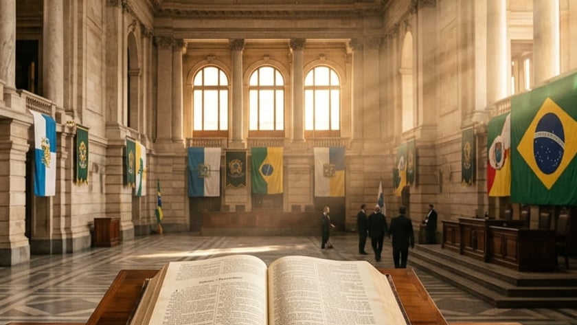 Salão amplo de tribunal com bandeiras e um livro aberto sobre um atril: "JUSTITIA DO RIO DE JANEIRO"