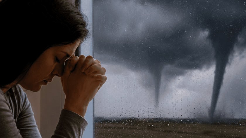 Mulher de cabeça baixa e mãos unidas junto à janela, com tornados lá fora.