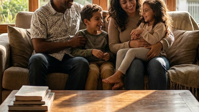 Família com dois filhos pequenos sorri sentada em um sofá diante de janelas grandes.