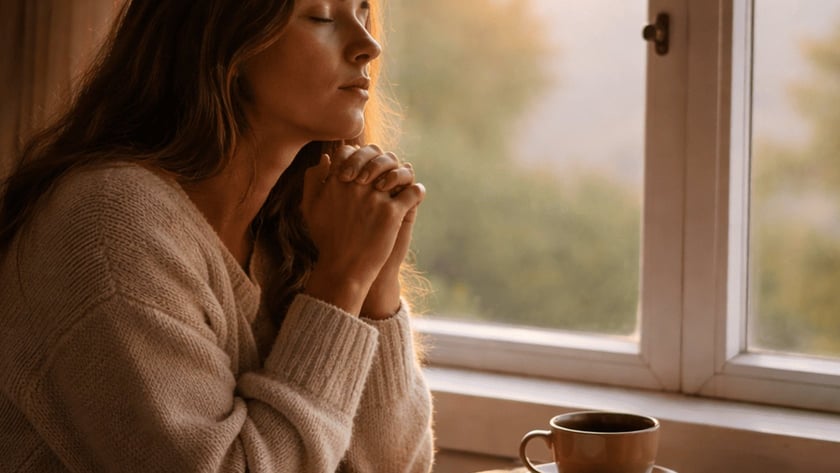 Mulher de olhos fechados e mãos postas à mesa, ao lado de livro aberto e xícara.