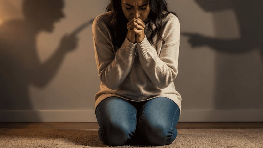 Mulher ajoelhada com as mãos unidas diante de sombras de pessoas apontando dedos na parede.