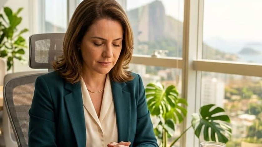Mulher de blazer verde reza com as mãos unidas diante de uma Bíblia aberta em escritório.