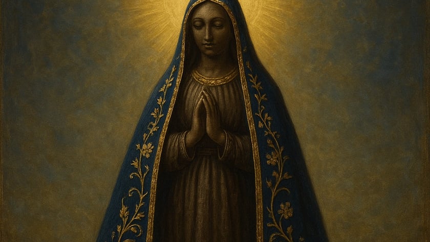 Figura feminina coroada, de mãos postas, com manto azul bordado em dourado sobre uma lua crescente.