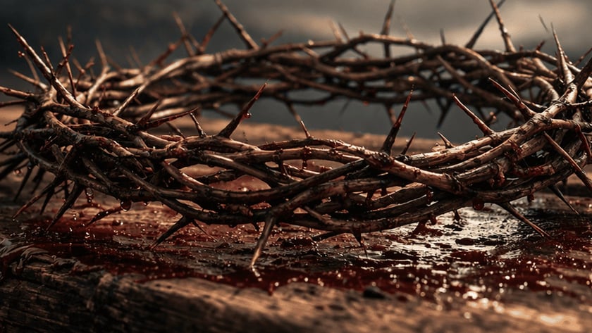 Coroa de espinhos manchada de sangue sobre superfície de madeira, com céu nublado ao fundo.