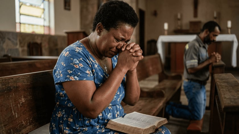 Mulher de vestido florido, com as mãos unidas junto ao rosto, ora num banco de igreja.