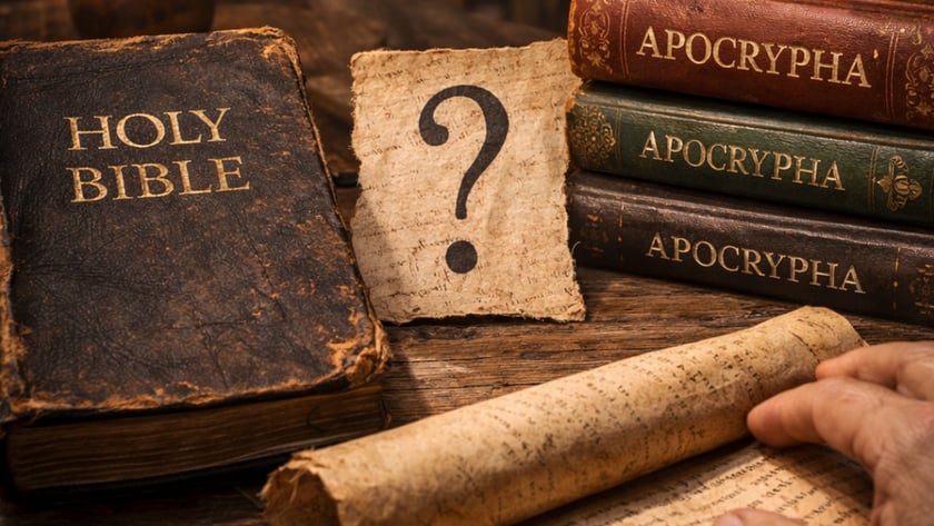 Bíblia antiga ao lado de livros "APOCRYPHA", pergaminho e papel com interrogação.