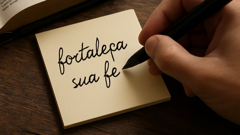 Mão escreve em nota adesiva ao lado de livro: "fortaleça sua fé"