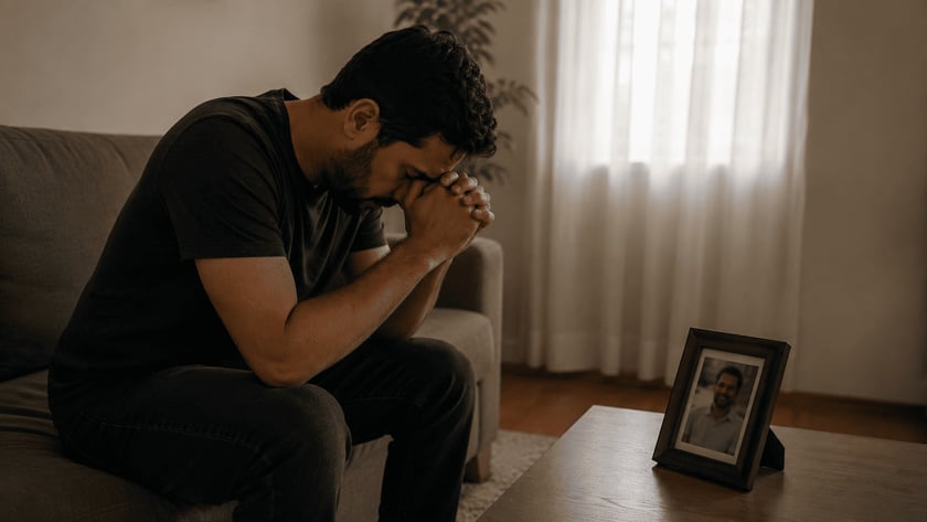 Homem sentado no sofá com as mãos unidas junto ao rosto, diante de um porta-retrato.