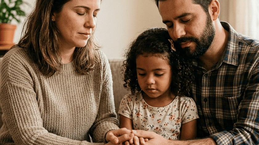 Mulher, homem e menina sentados no sofá, de olhos fechados, com as mãos unidas.