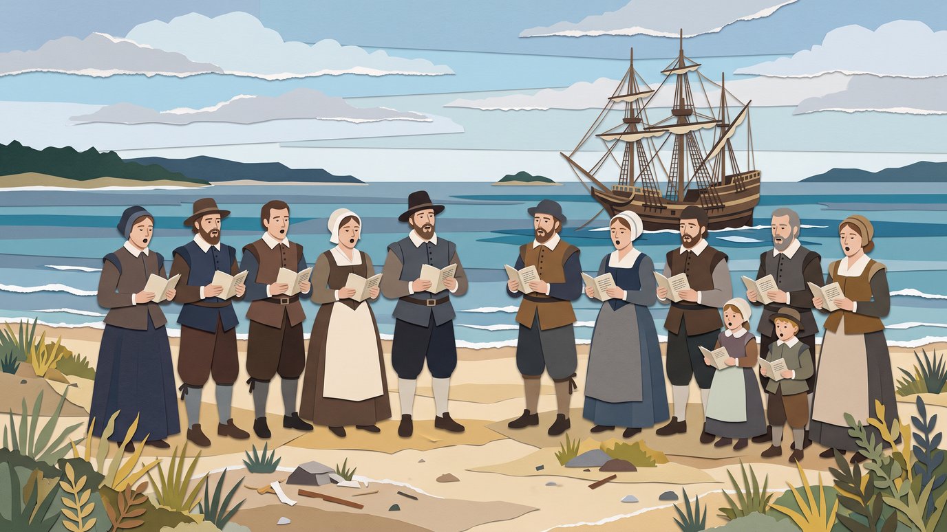 Grupo de colonos em trajes antigos canta com livretos na praia, com um navio ao fundo.