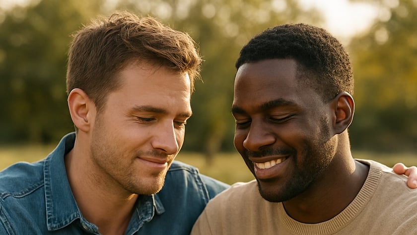 Dois homens sentados na grama de mãos dadas, sorrindo, com um braço no ombro do outro.