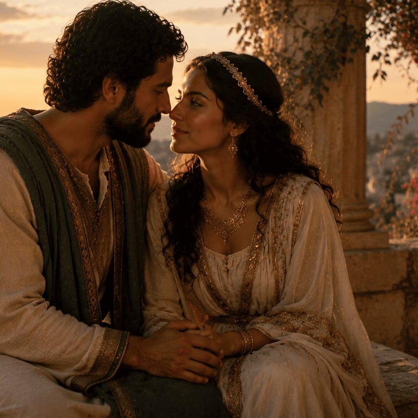 Homem barbudo e mulher de tiara sentados lado a lado, quase se beijando, ao entardecer.
