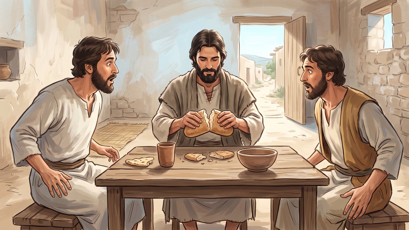Homem barbudo parte o pão à mesa, entre dois homens de olhos arregalados.