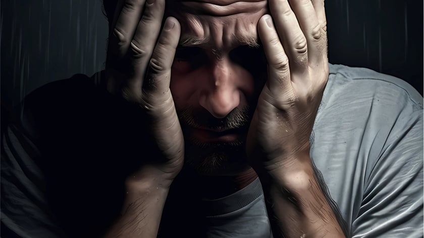 Homem de barba por fazer cobre o rosto com as duas mãos, vestindo camiseta cinza.