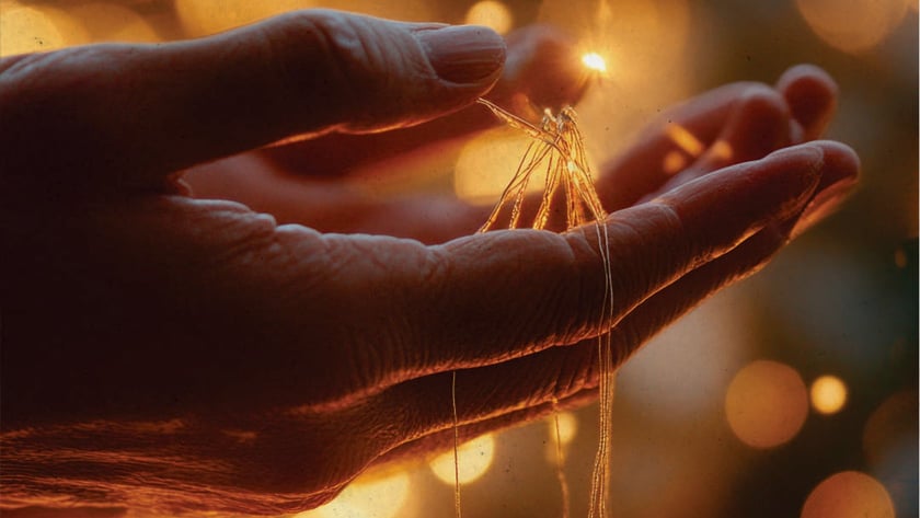Mãos de uma pessoa idosa seguram um fio fino com pequenas luzes acesas.