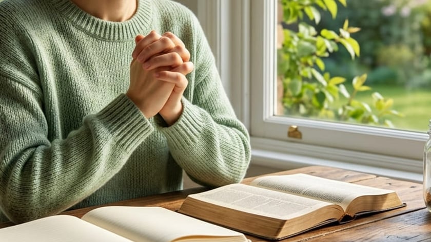 Mulher de suéter verde, com as mãos unidas e olhos fechados, sentada diante de livros abertos.