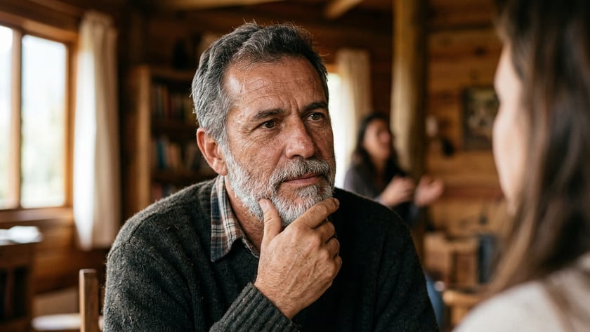 Homem grisalho de barba, com a mão no queixo, sentado em cabana de madeira.