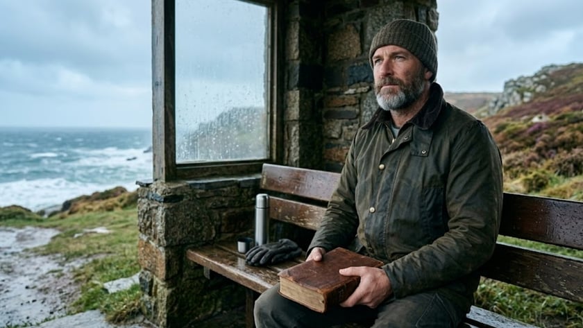 Homem barbudo de gorro segura um livro antigo num abrigo de pedra, em dia chuvoso.