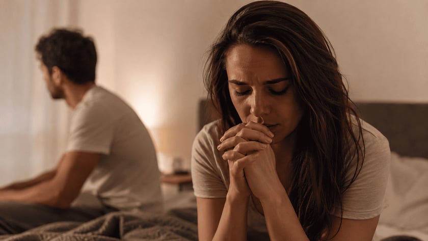 Mulher de mãos juntas junto ao rosto, sentada na cama, com homem de costas ao fundo.