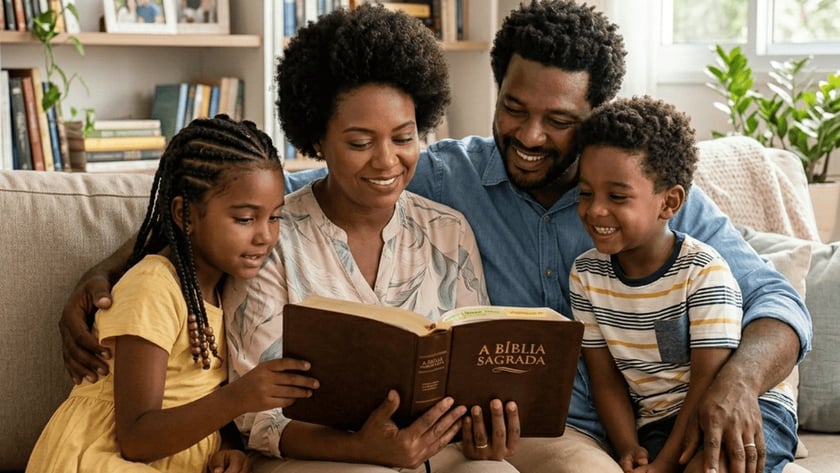 Família negra no sofá lê junta uma Bíblia, com dois filhos: "A Bíblia Sagrada".