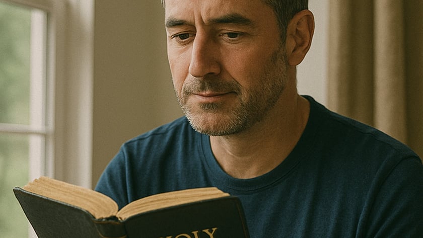 Homem de camiseta azul lê uma Bíblia perto da janela: "HOLY BIBLE".