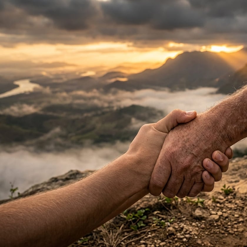 Dois braços apertam as mãos no topo de uma montanha, sobre vale com nuvens.