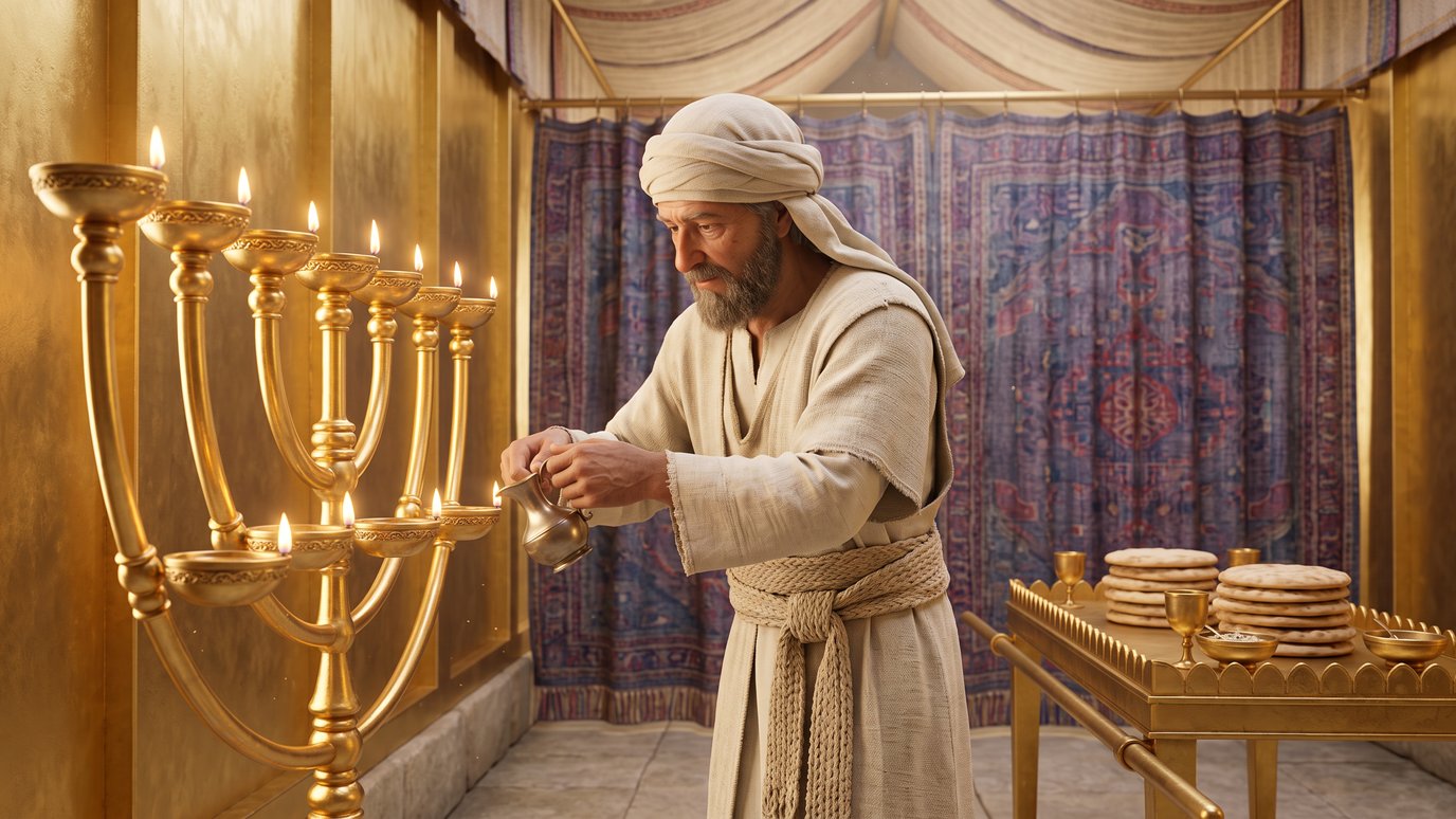 Sacerdote de turbante enche de óleo o candelabro dourado, ao lado da mesa com pães.