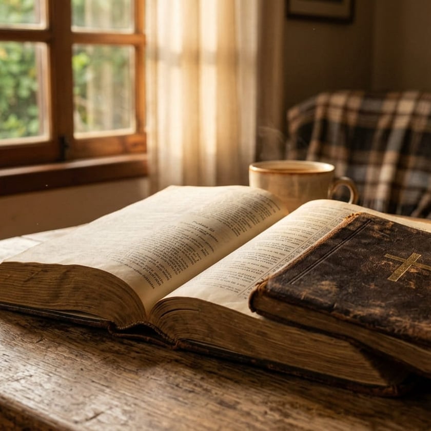 Livro antigo aberto sobre mesa de madeira, perto de uma xícara e de uma janela.