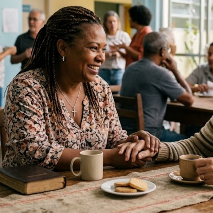 Mulher de tranças sorri à mesa, segurando a mão de outra pessoa, com café, biscoitos e Bíblia.