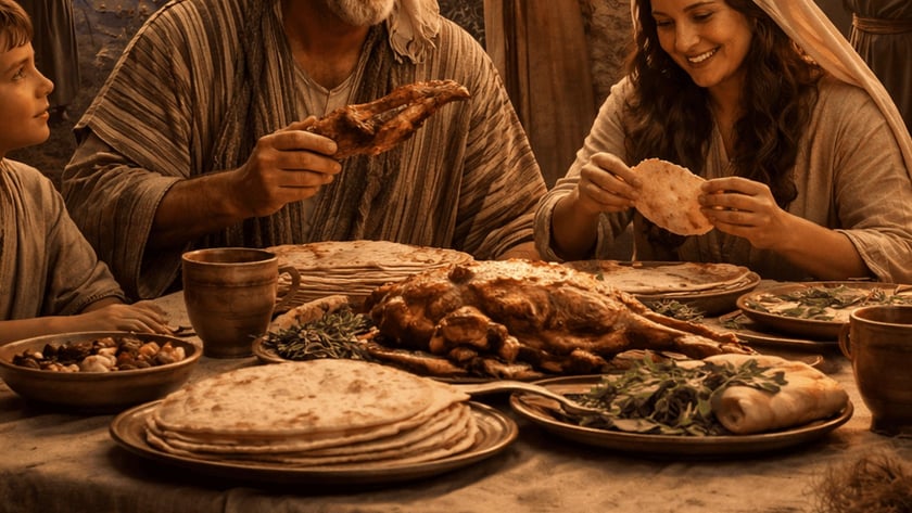 Homem e mulher sorriem à mesa com cordeiro assado e pães, enquanto outro homem toca a porta.