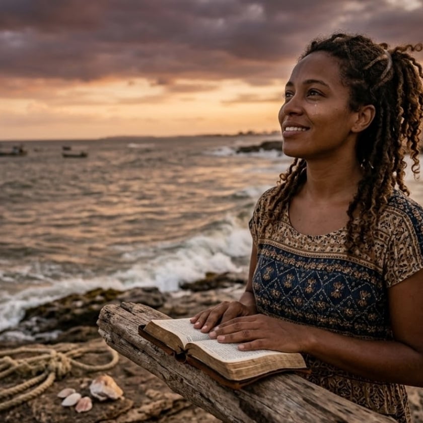 Mulher de cabelo cacheado segura uma Bíblia aberta sobre um tronco, à beira-mar, ao entardecer.