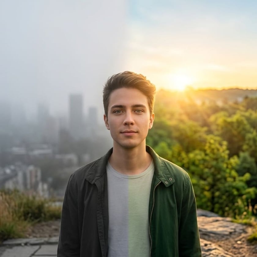 Jovem de jaqueta verde posa em mirante rochoso com floresta e sol ao fundo.