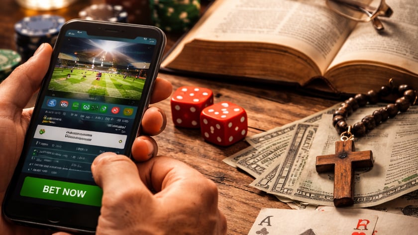 Mãos seguram celular com aplicativo de apostas, cercado por fichas, dados, cartas, dinheiro