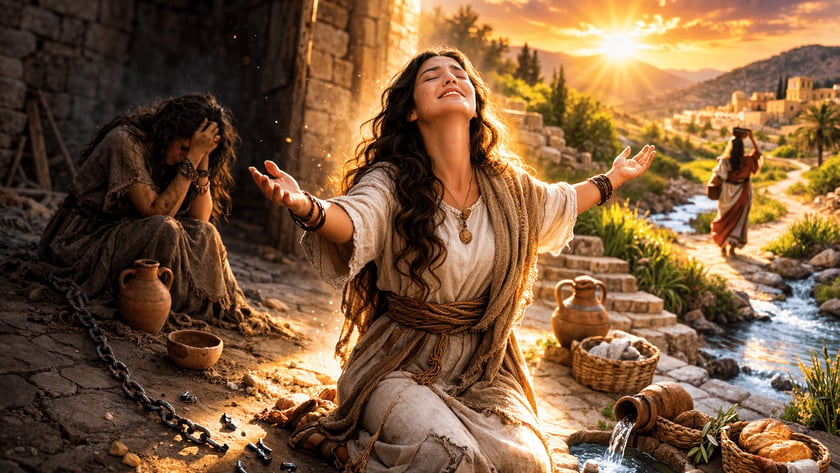 Mulher ajoelhada de braços abertos e olhos fechados, com jarros, cesta e pão ao redor.