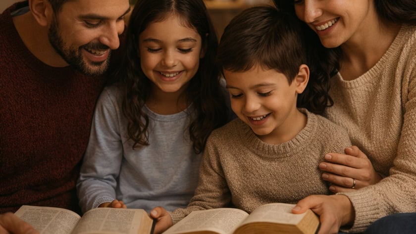 Pai, mãe, menina e menino sorrindo enquanto leem livros abertos juntos no sofá, em casa.