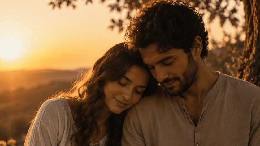 Casal sentado ao ar livre, ela com a cabeça no ombro dele, que lê um livro.
