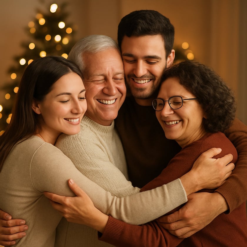 Quatro pessoas se abraçam sorrindo diante de uma árvore de Natal iluminada.