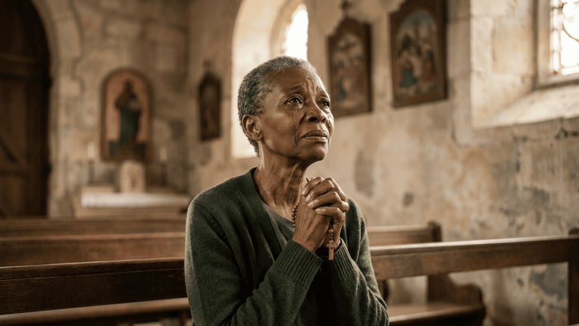 Mulher idosa de cardigã verde reza com um terço, sentada num banco de igreja antiga.